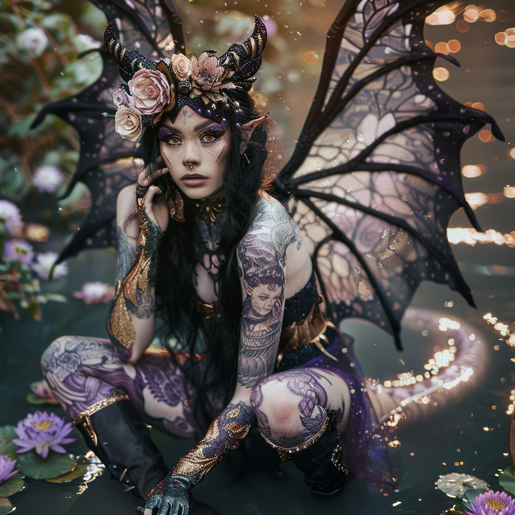 Brunette AI fairy with dragon wings