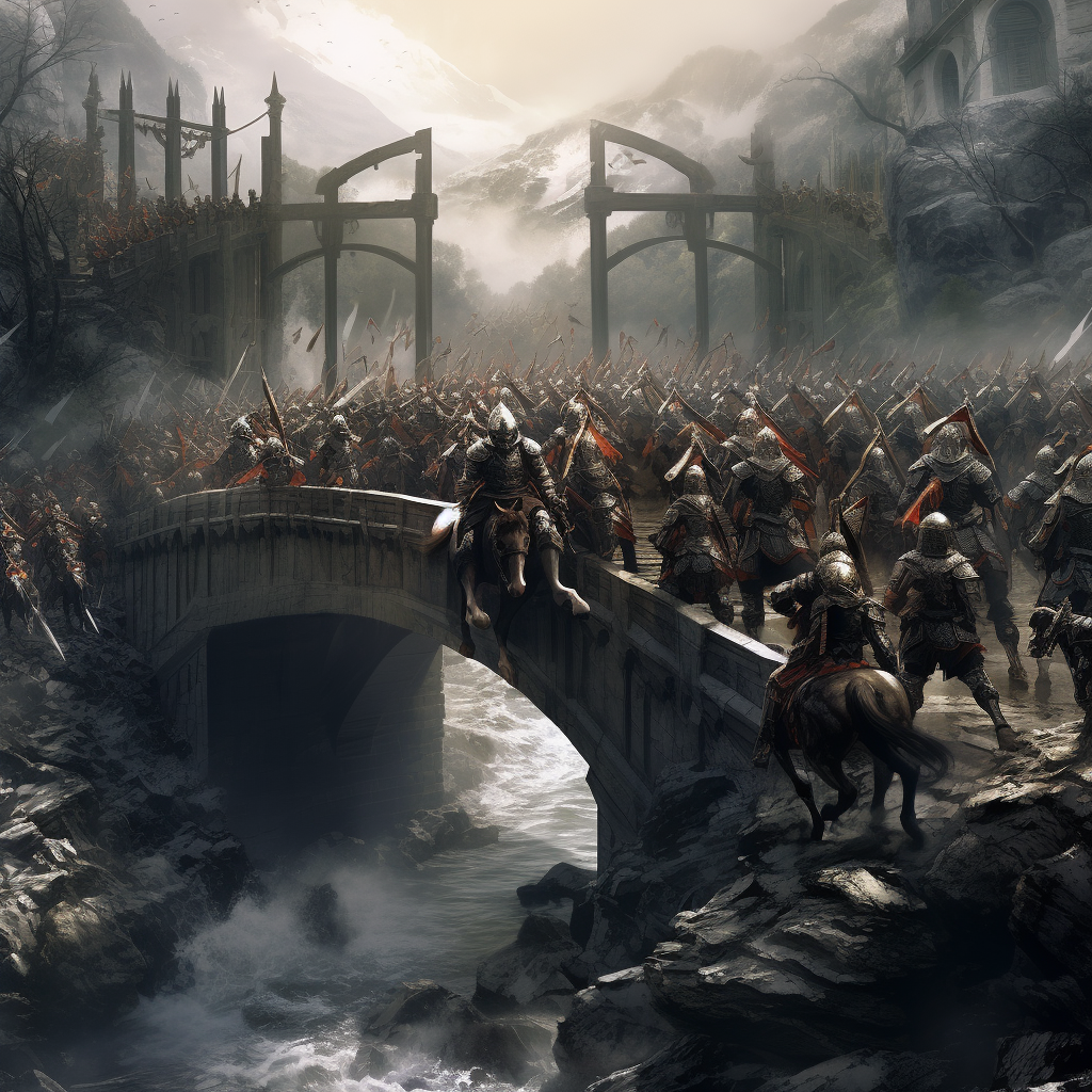 Gothic knights in epic battle crossing bridge