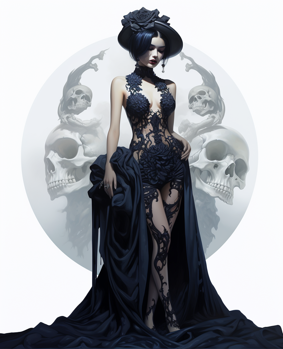 Beautiful Gothic Woman in Dress near Death Skull Crescent Moon