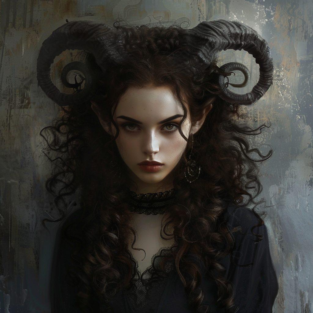 Woman with dark gothic ram horns