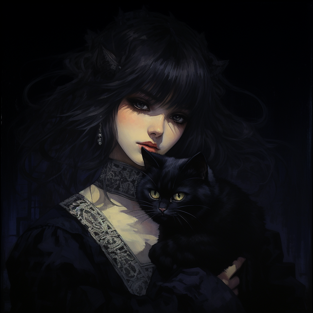 Gothic Anime Woman with Cat