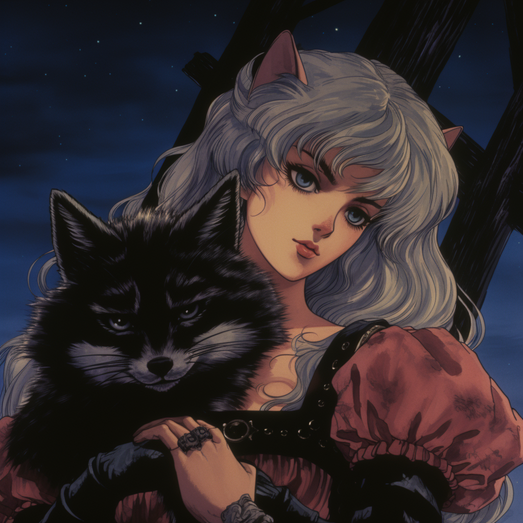 Gothic anime woman holding raccoon