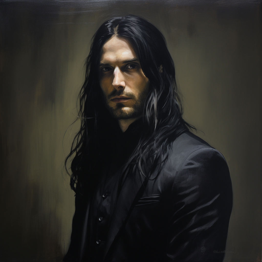 Oil painting of a gothic man with long black hair