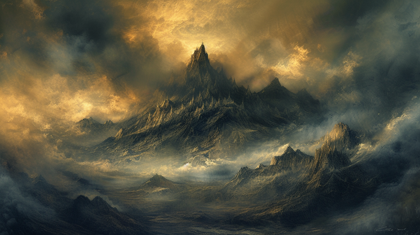 Gothic mountain painting with cloudy skies