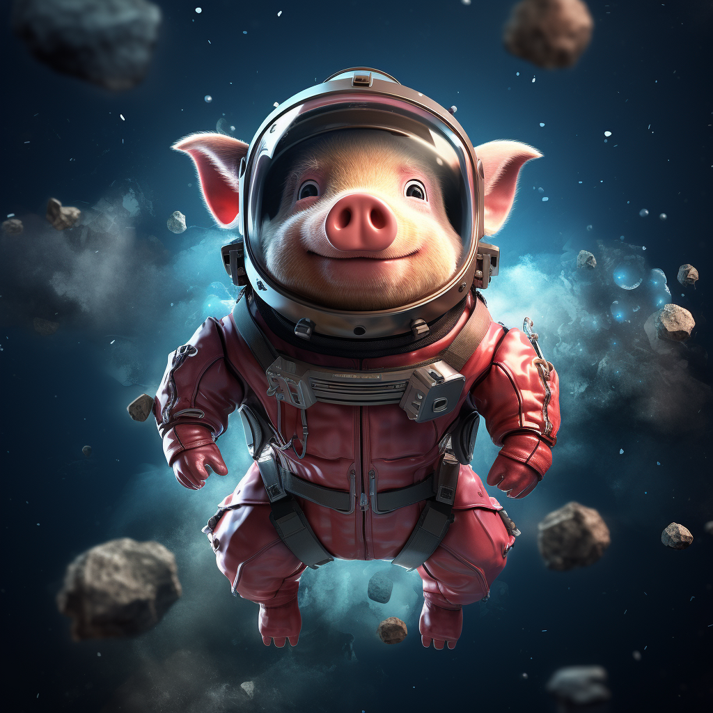 Gothic pig with surprised expression in astronaut clothing