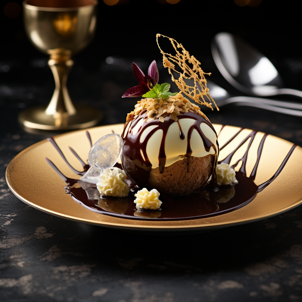 Exquisite gourmet chocolate sphere dessert with gold leaf