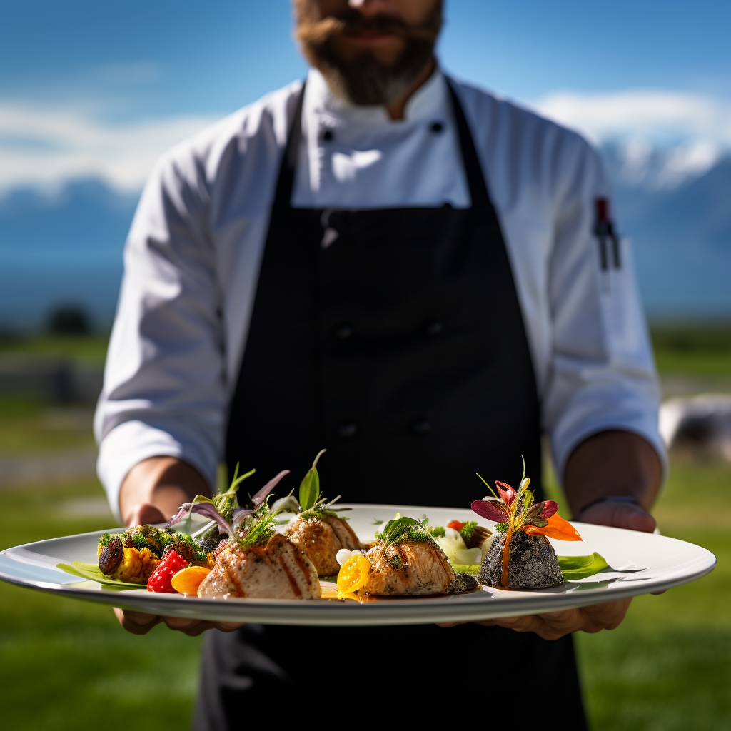 Chef serving gourmet plates in nature