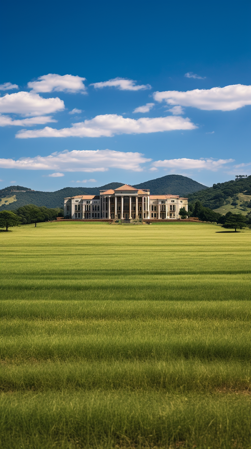 Government building in Eswatini surrounded by green field