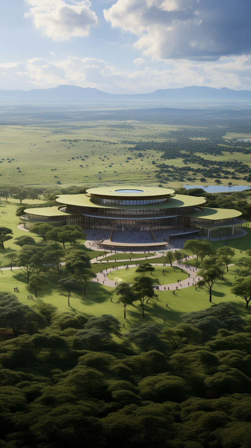 Government Building in Eswatini surrounded by green fields and trees