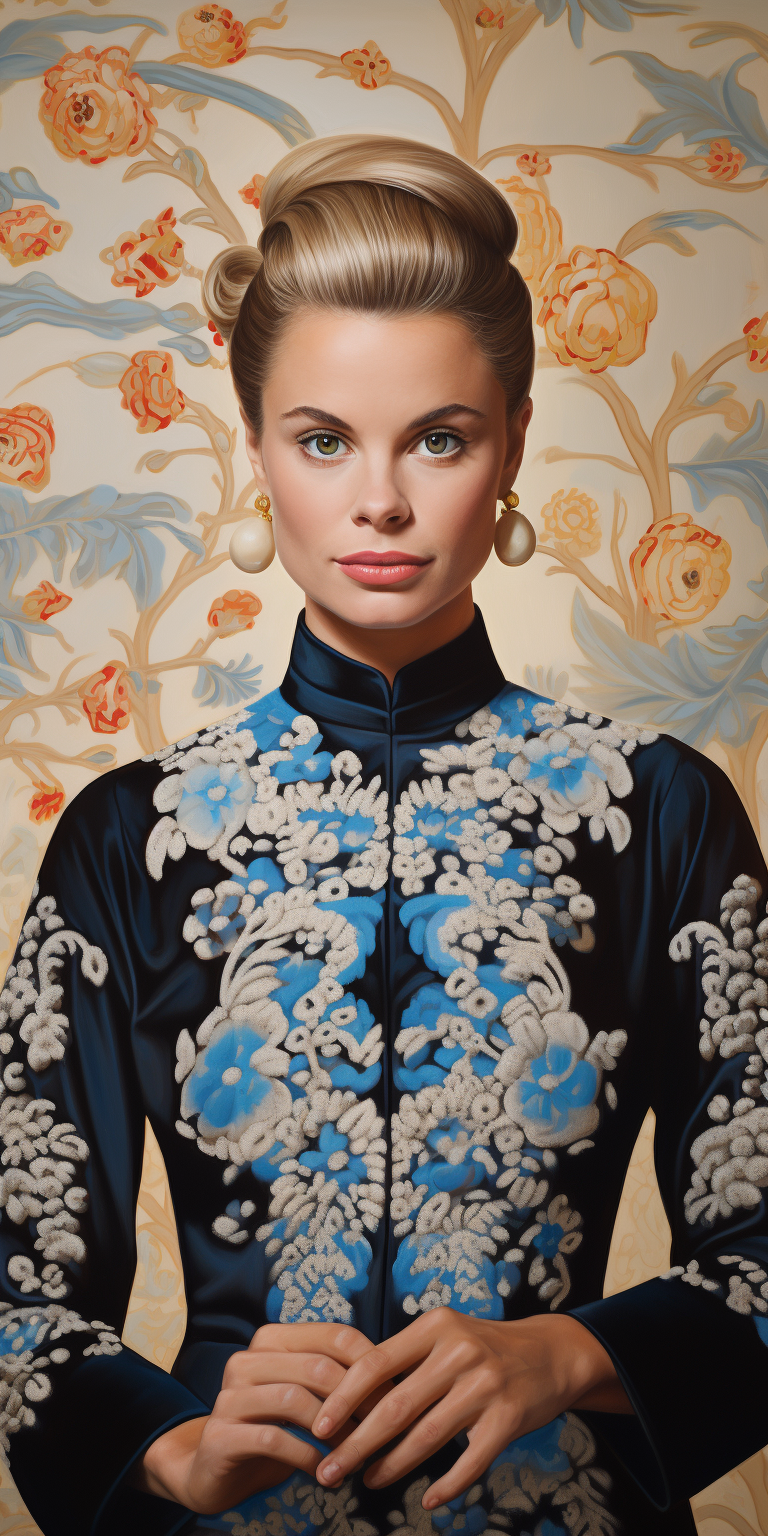 Oil painting of Grace Kelly in Kehinde Wiley style