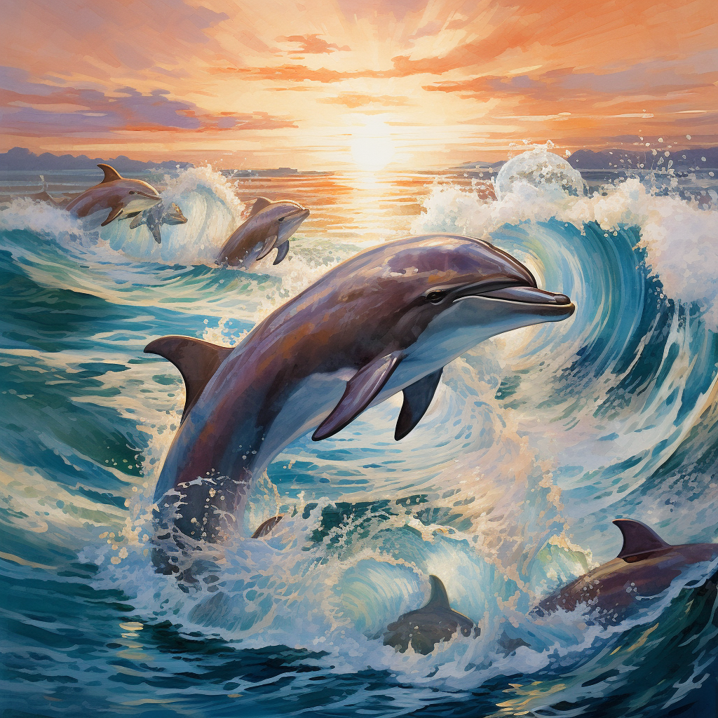 Dolphins and Whales playing in waves