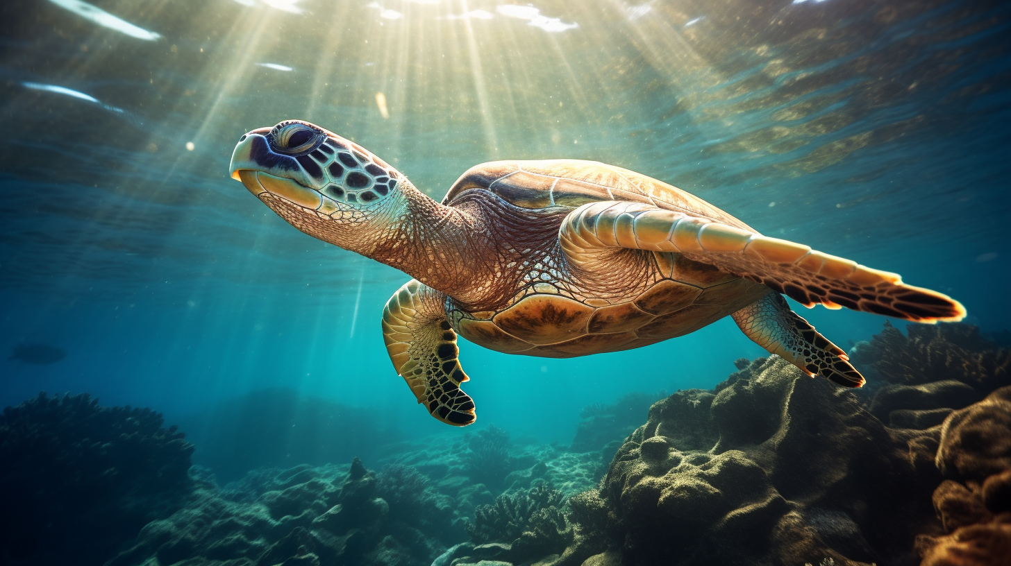 Turtle ascending through radiant underwater sunlight