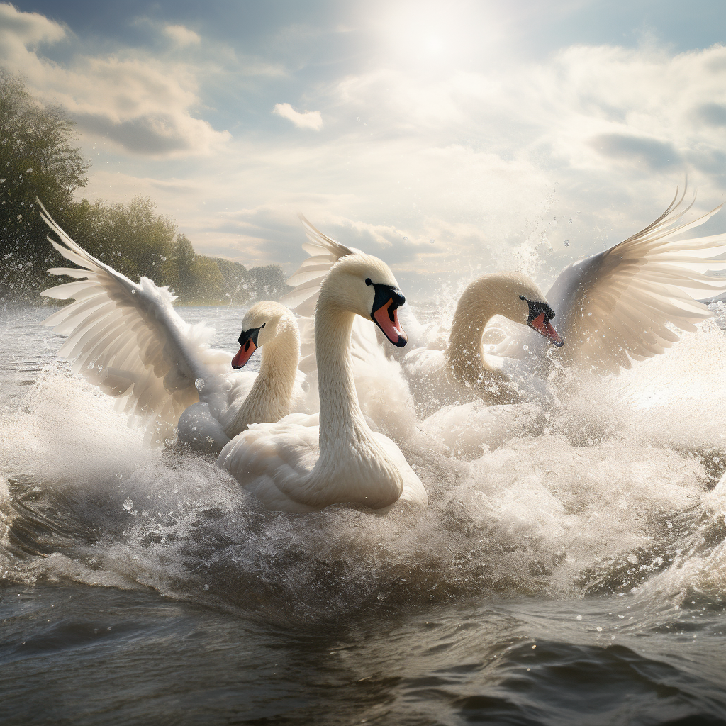 Four beautiful swans swimming in a serene lake