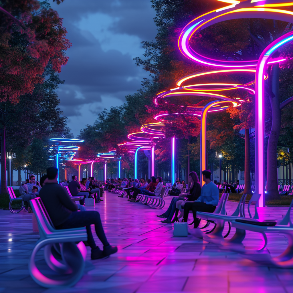 Graduation plaza people sitting chairs park lights