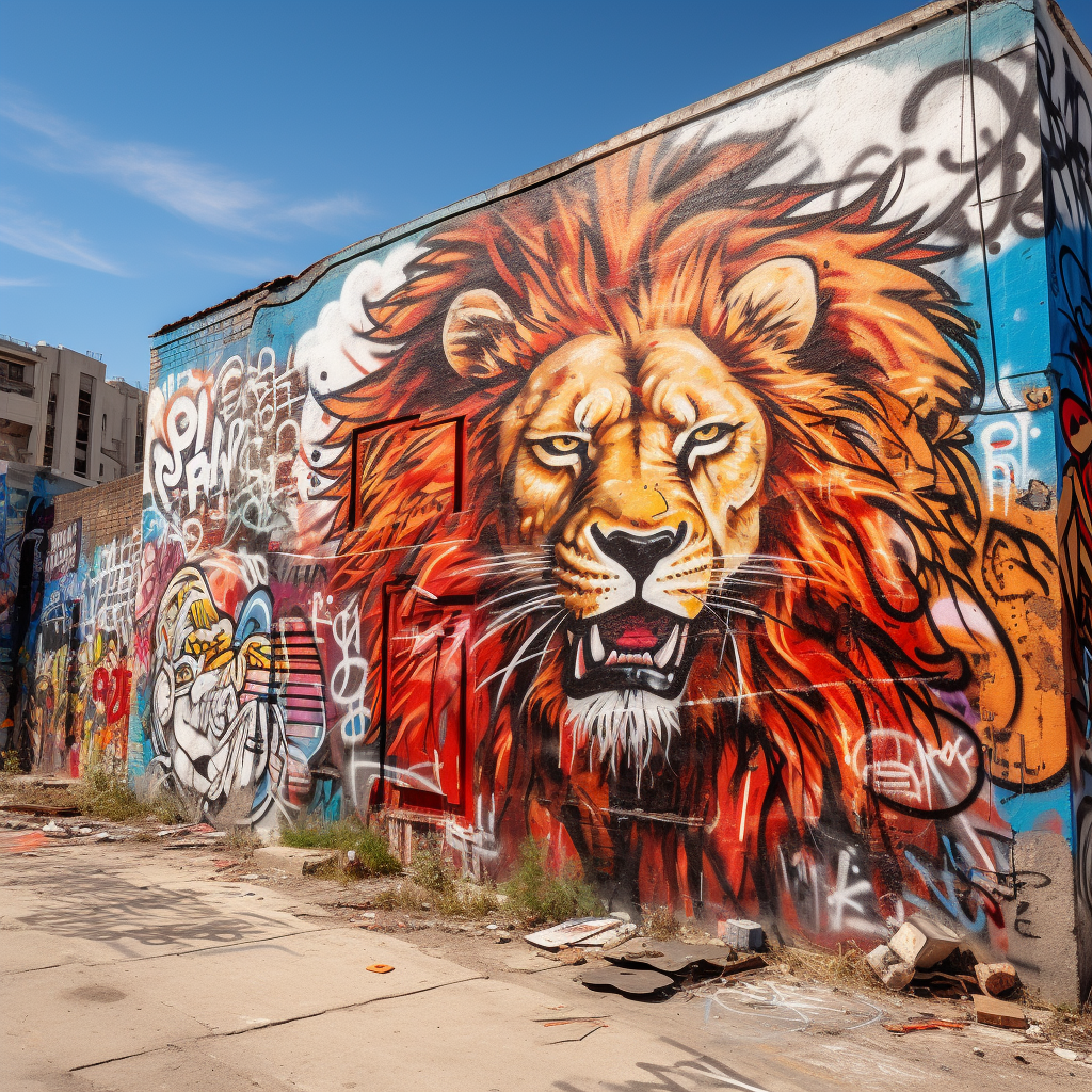 Colorful graffiti lion in bustling city