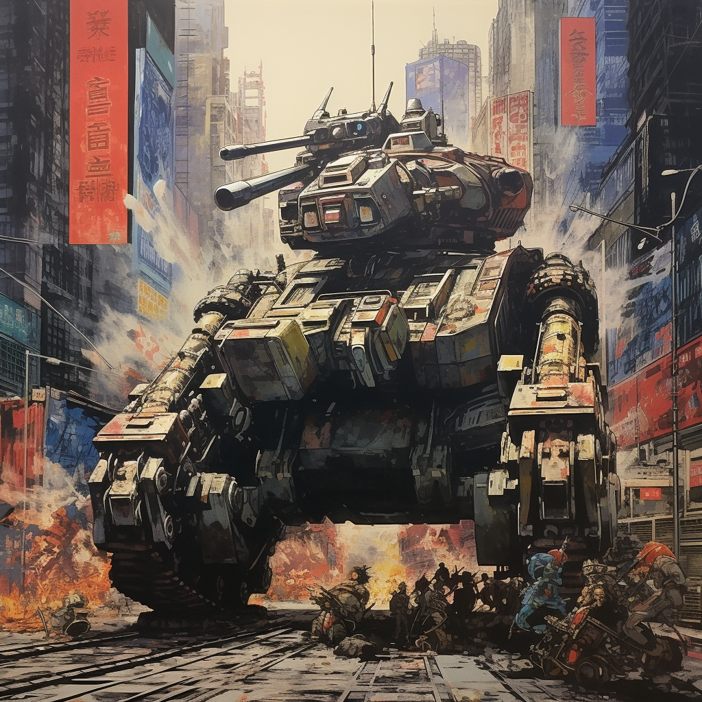 Graffiti-covered mecha tank on California beach