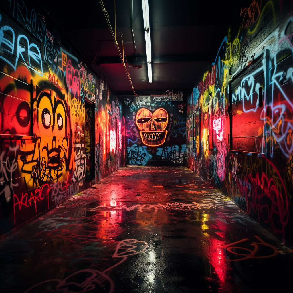 Neon graffiti in red, yellow, orange, darkness, black