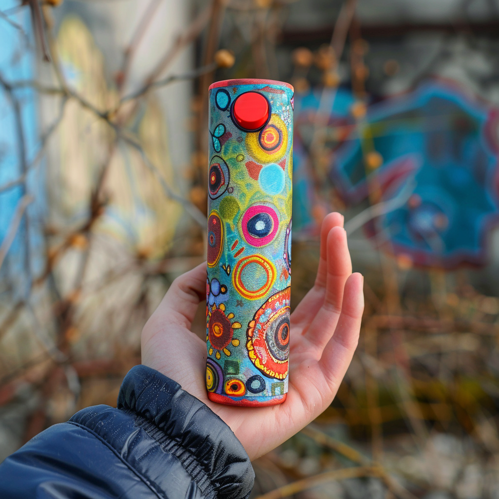 Child holding graffiti covered cylinder