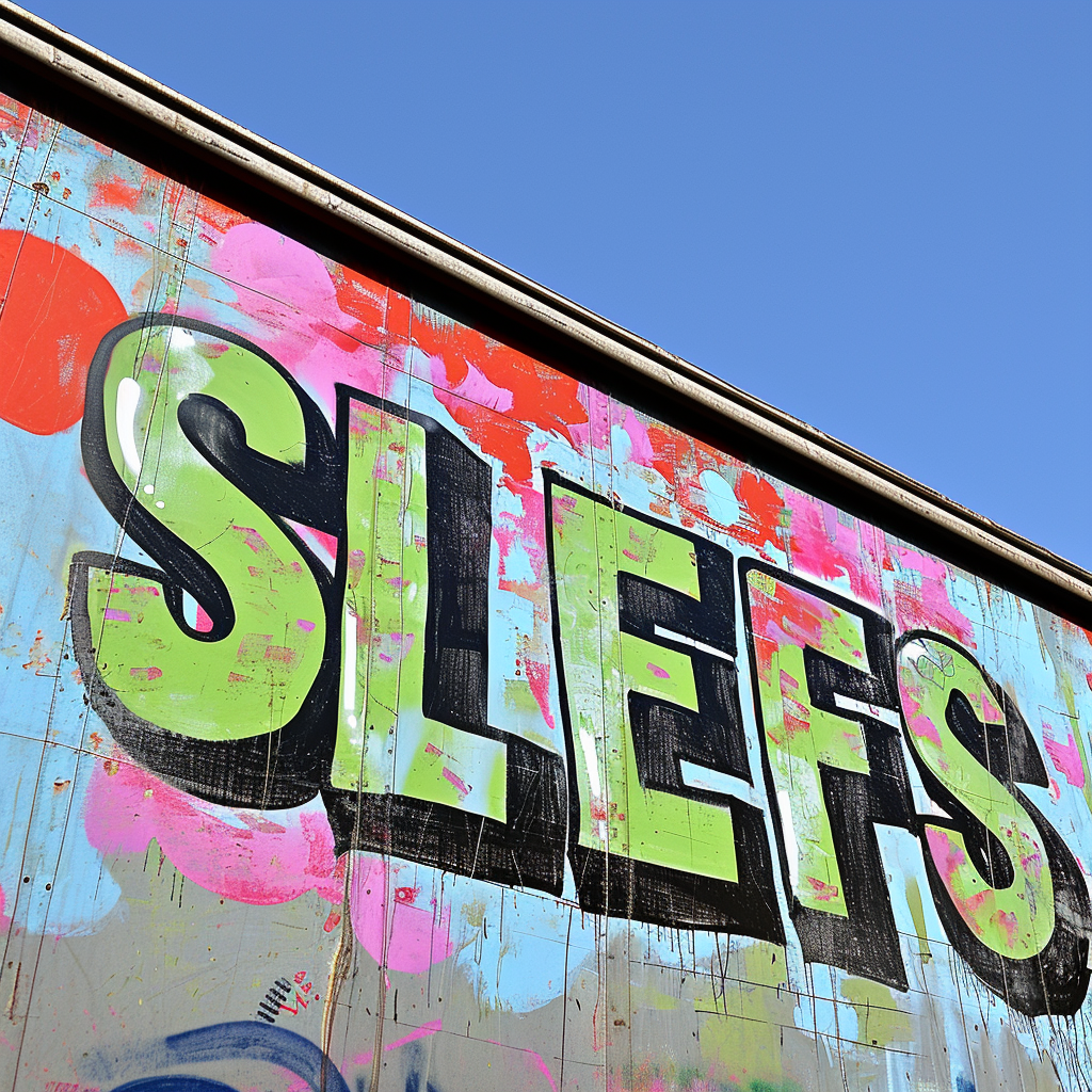 Graffiti spelling  SLEFS  on a lorry