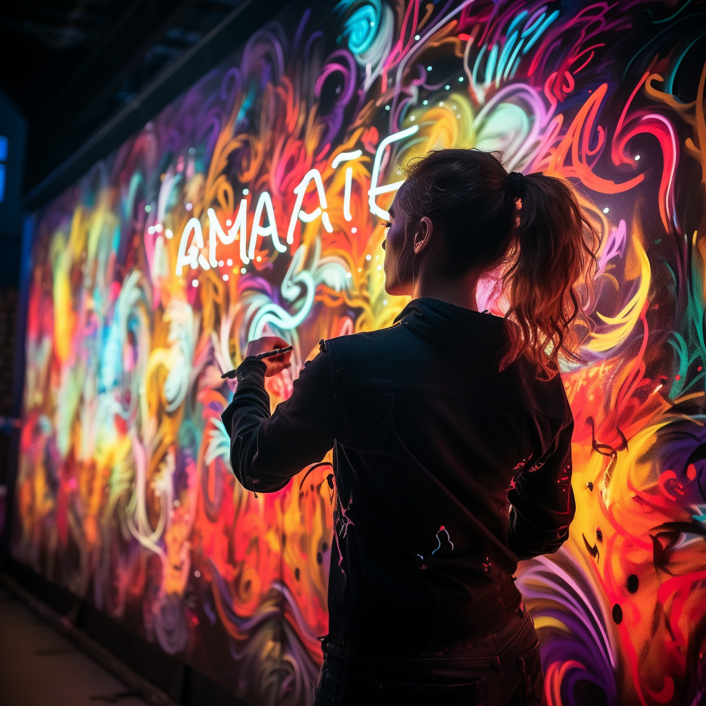 Neon graffiti art of a woman with leather jacket