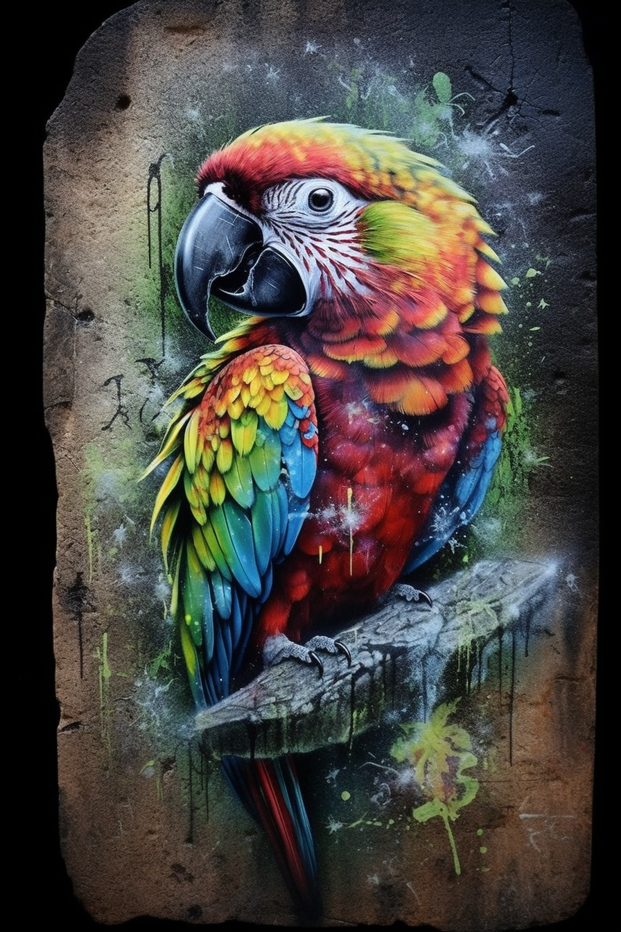 Graffiti parrot painted on stone wall