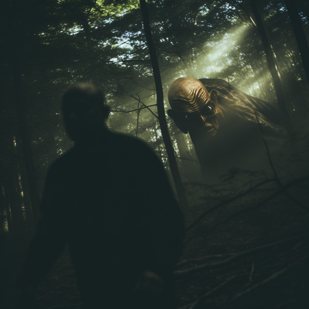 Dark forest with alien and Tony Soprano playing tag