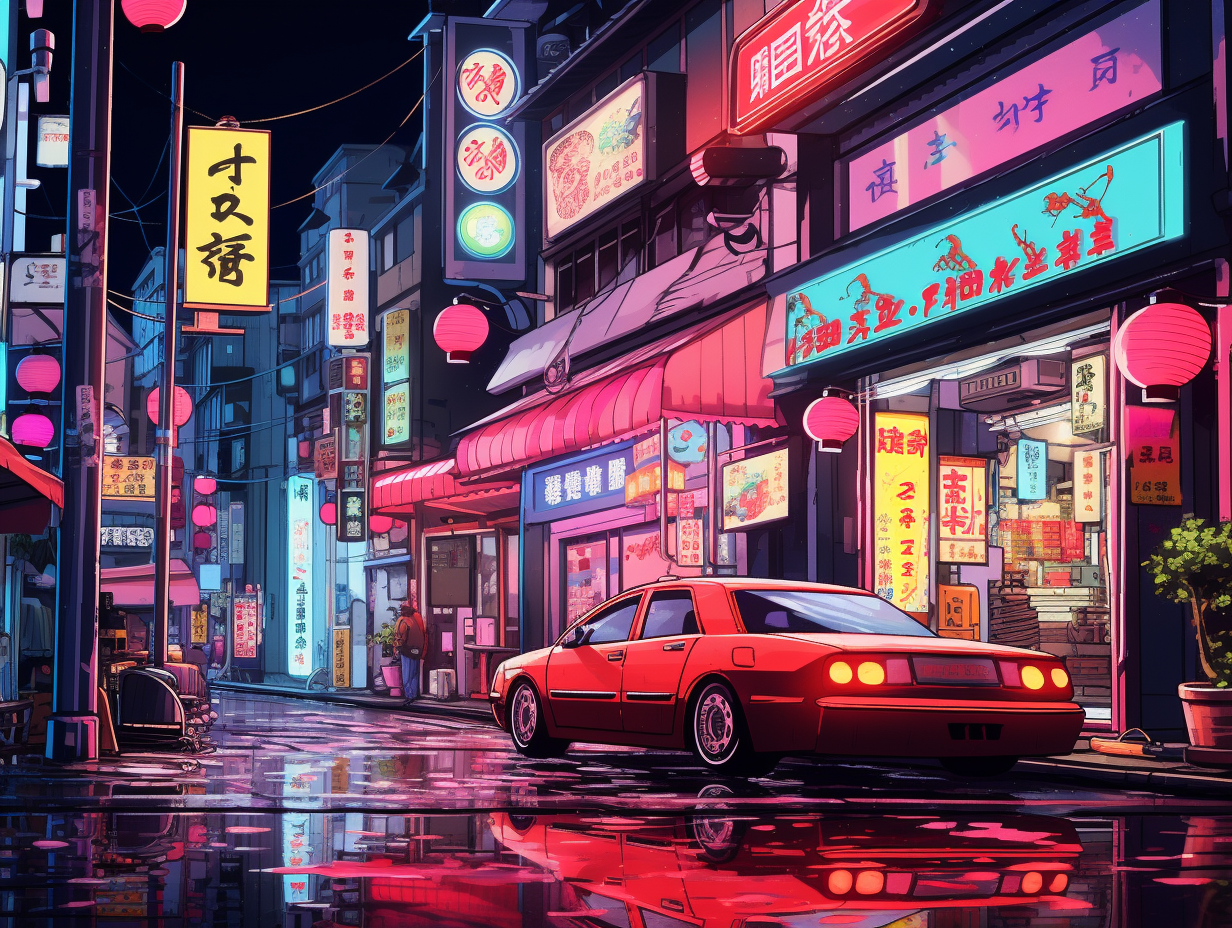 Grainy 60s Japanese City Night Illustration