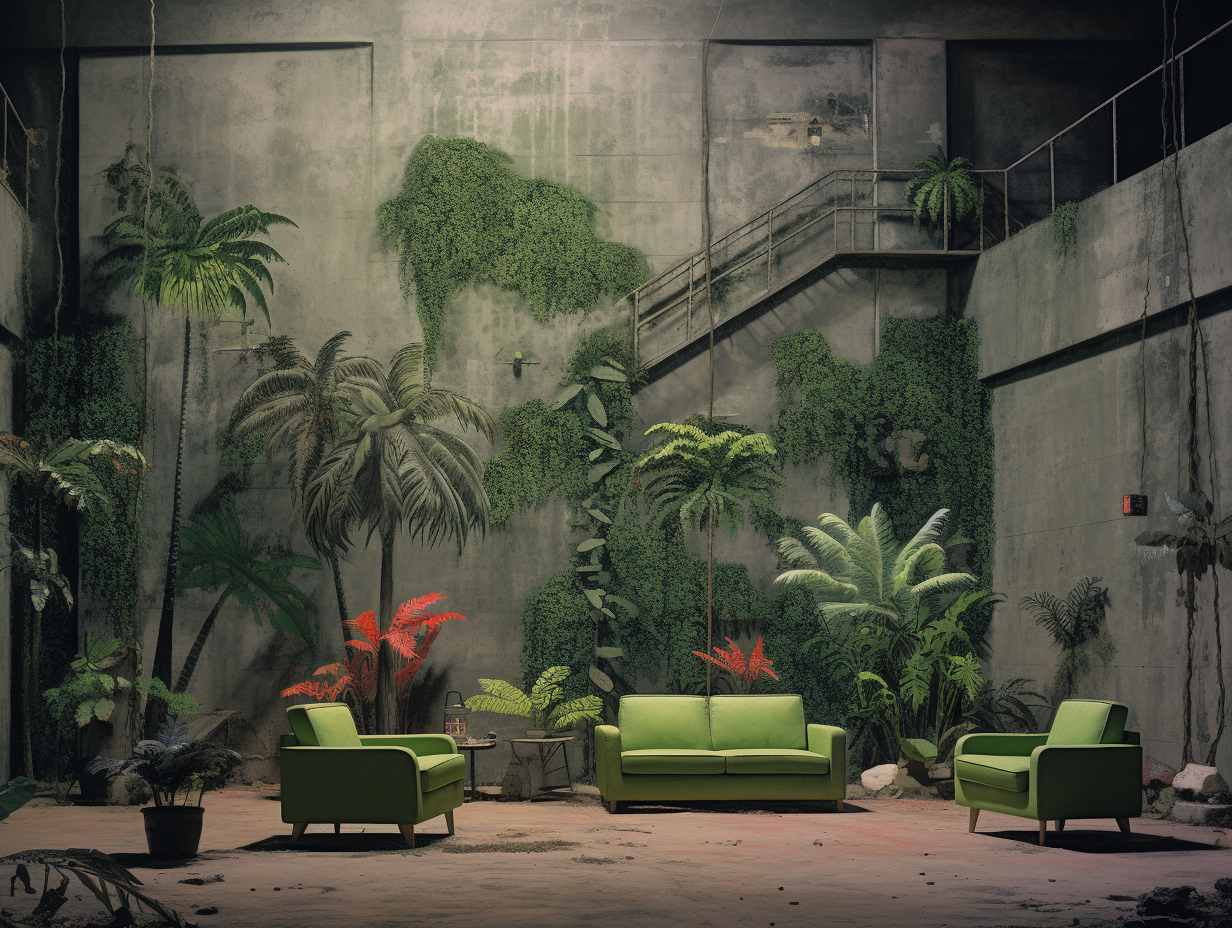 Grainy cement living room with tropical rainforest