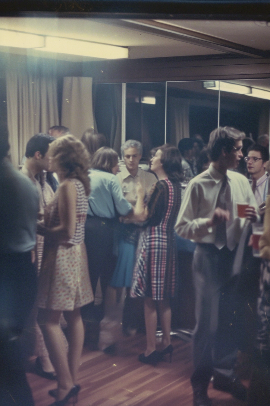 People enjoying a nostalgic 1981 office party