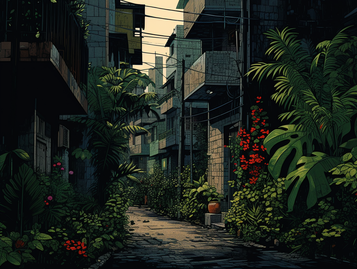 Grainy 60s Tropical City Street Illustration