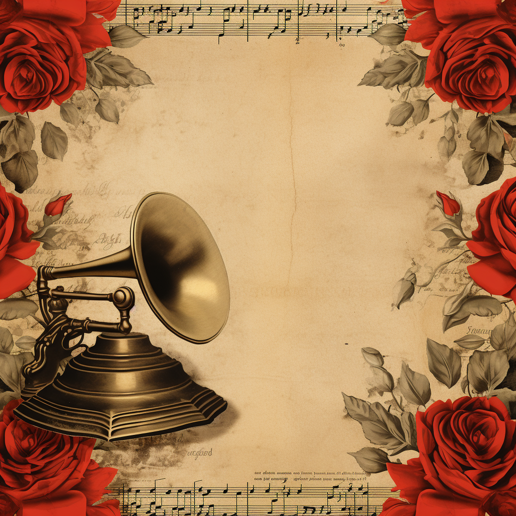 Vintage gramophone with red roses scrapbook background