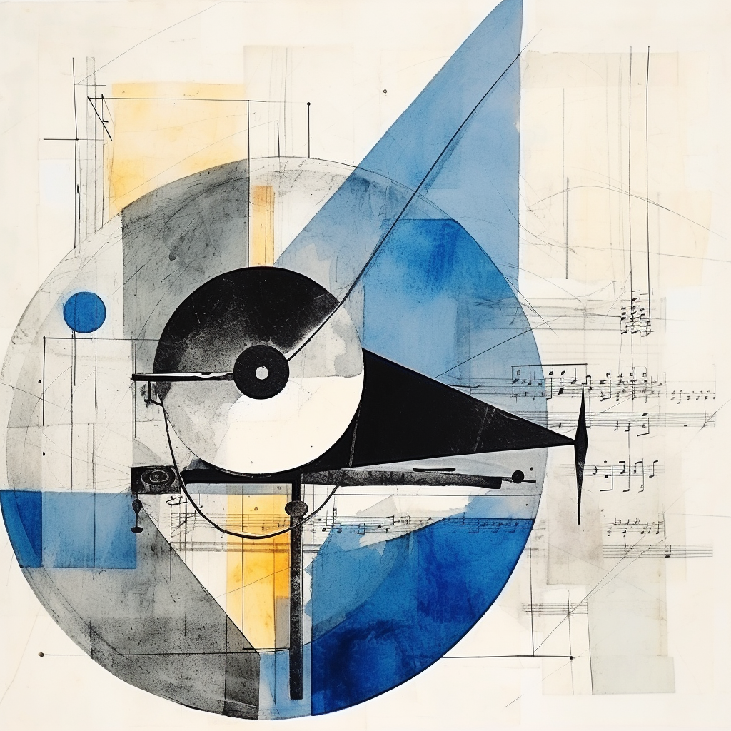 Gramophone made with paper and collage in blue