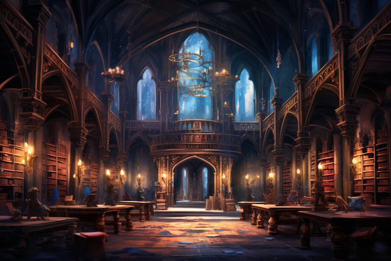 A magical scene inside the grand Candlekeep Library