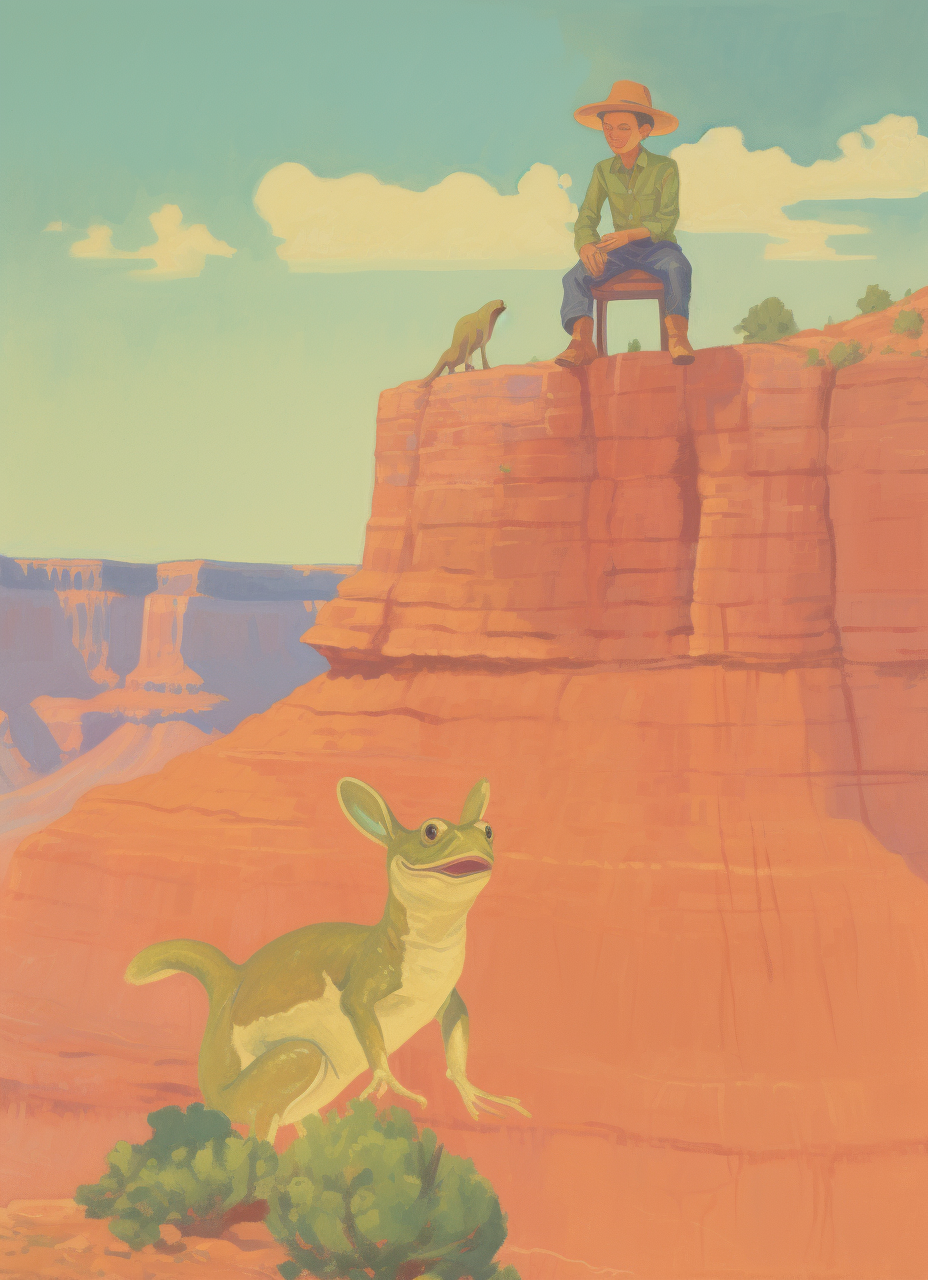 Boy cowboy hat riding giant frog at Grand Canyon