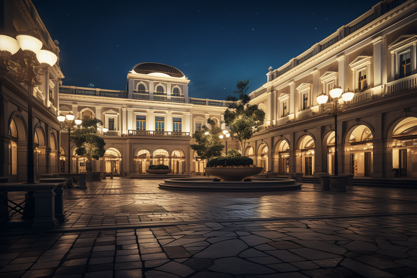 Beautifully detailed neoclassical city courtyard at night