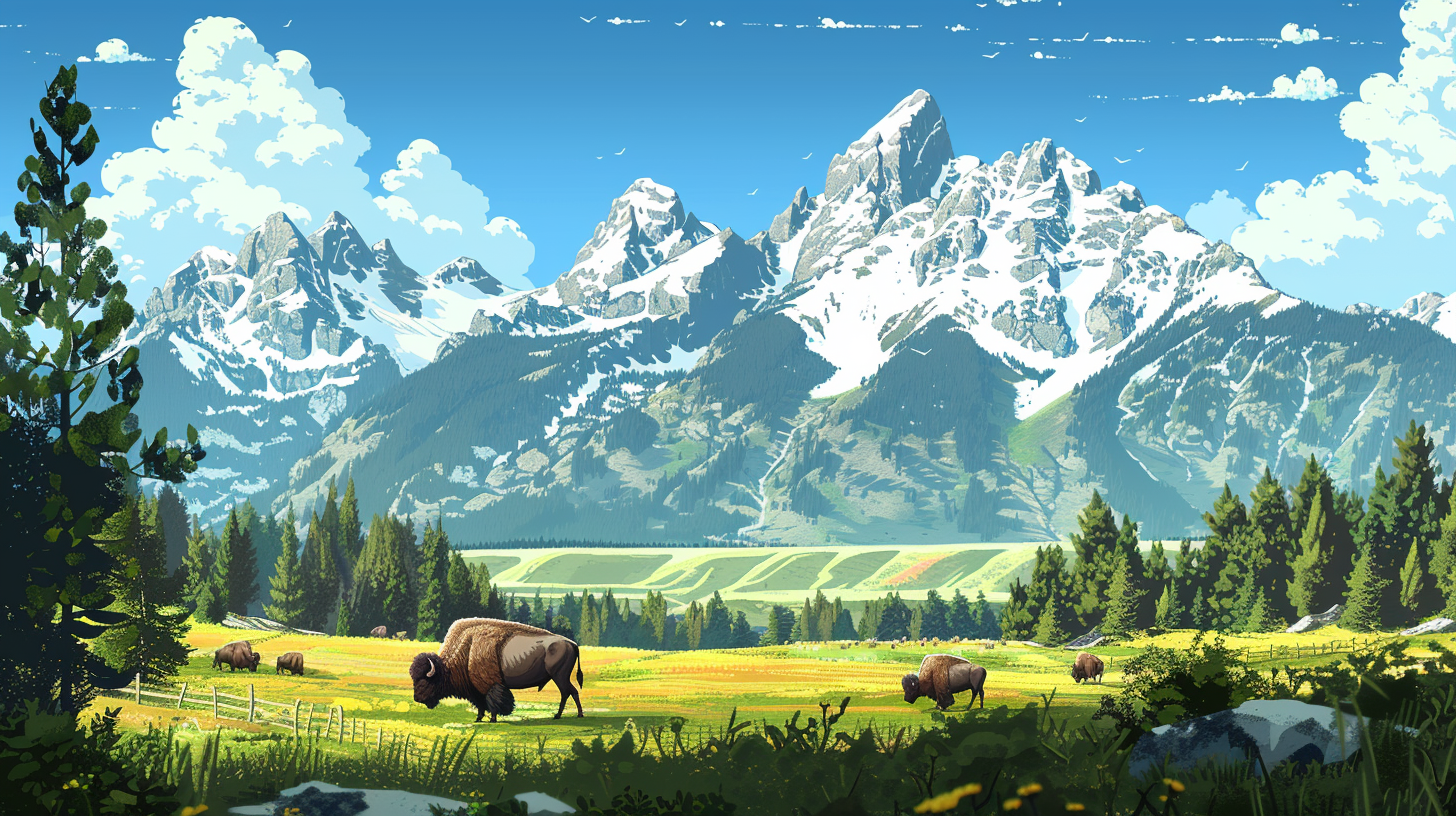 Grand Tetons Bison Landscape Scene