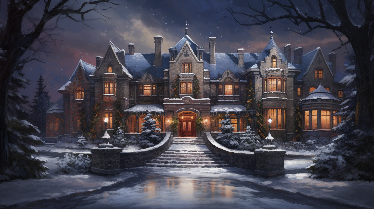 Luxurious winter night mansion view