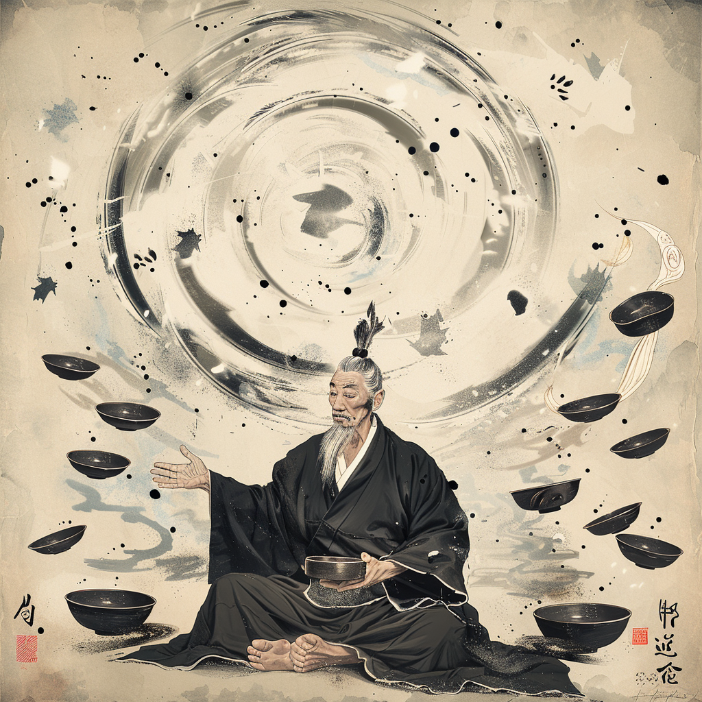 Zen master with flying dishes