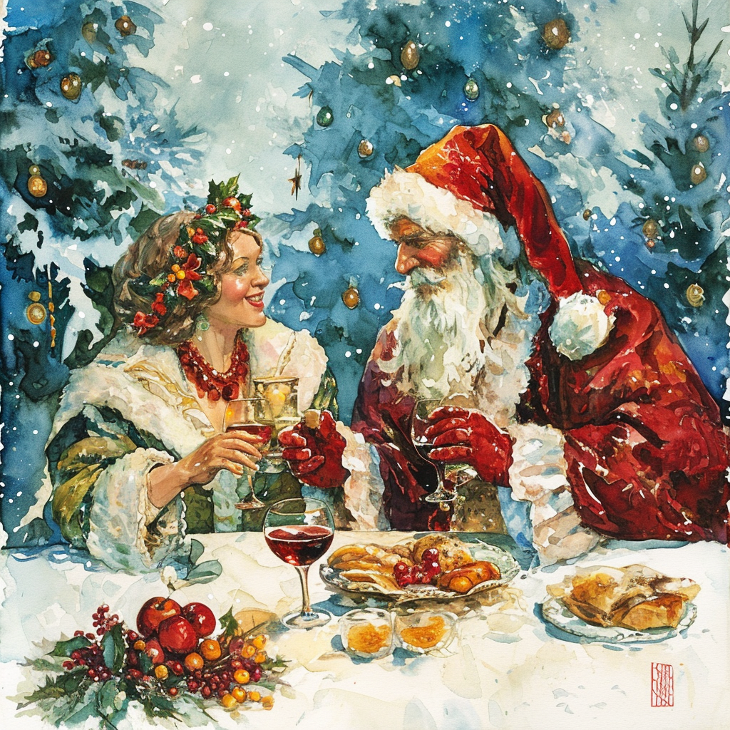 Grandfather Frost and Snow Maiden at New Year's Table