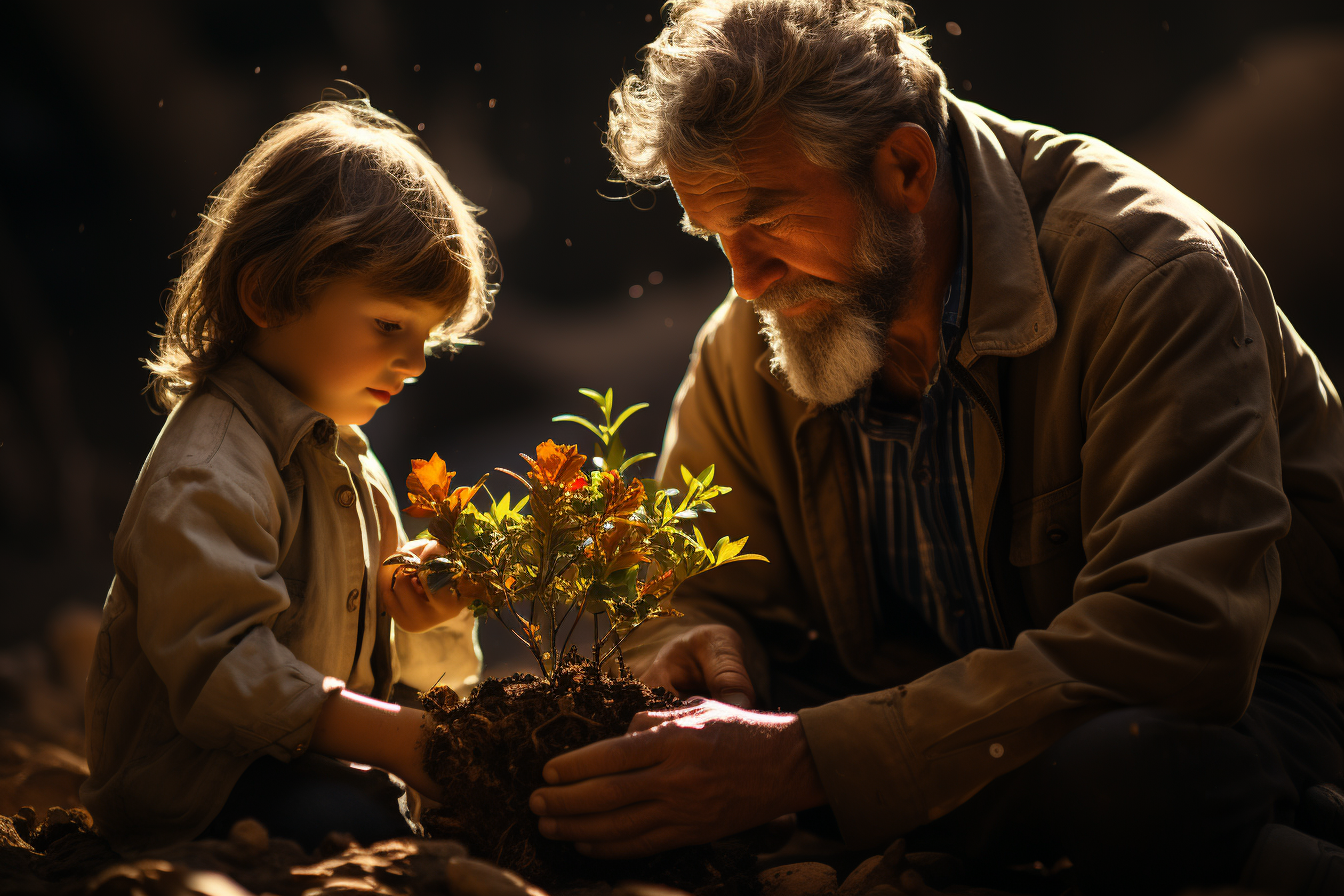 Grandfather and grandchild planting a tree together