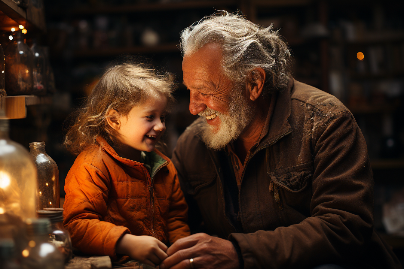 Grandfather and grandchild repairing in garage