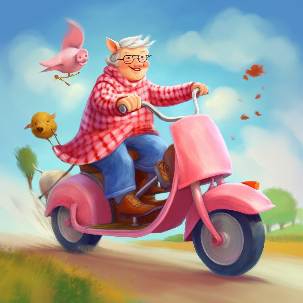 Grandma riding a pig-motorcycle in a pink raincoat