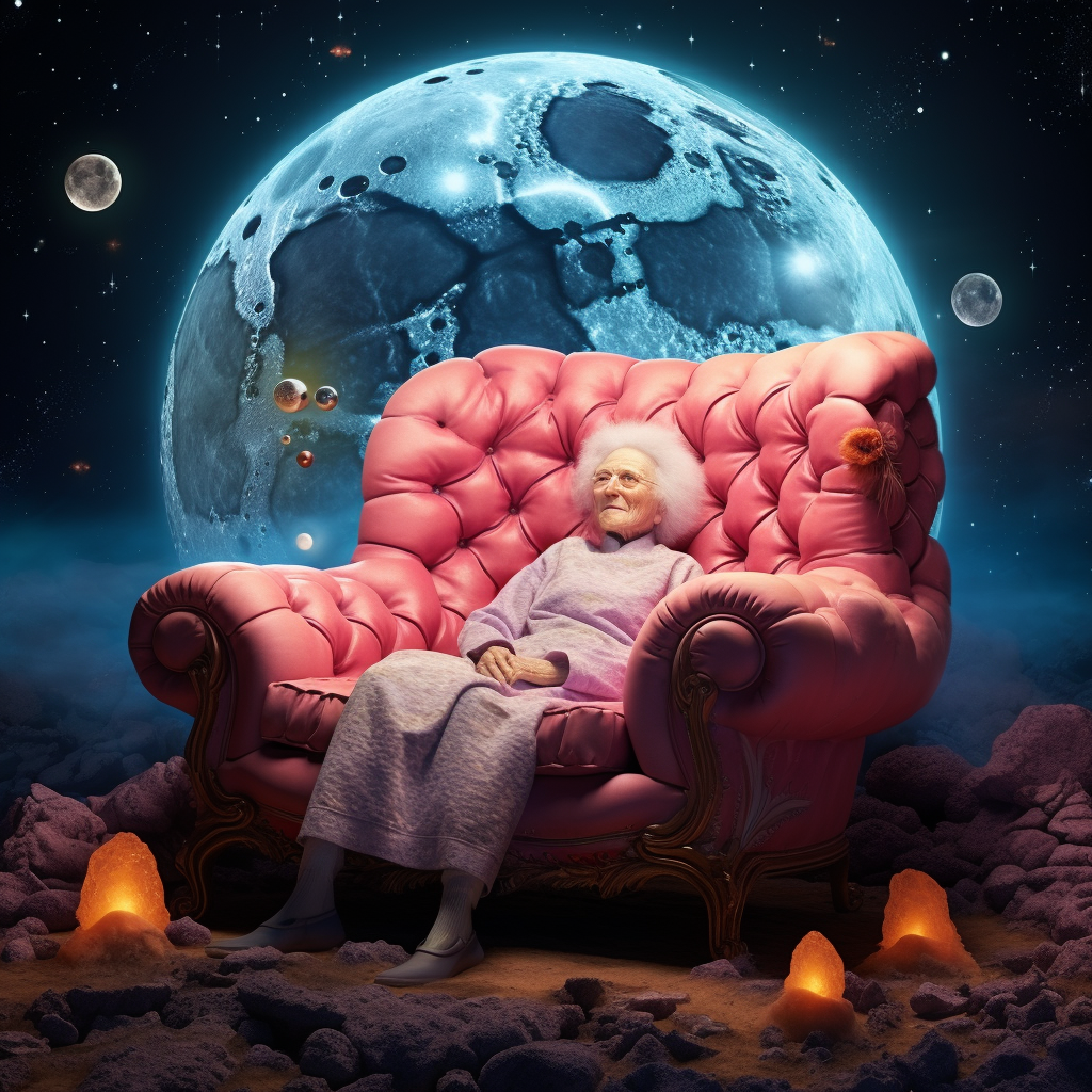 Grandma sitting on sofa under moonlight