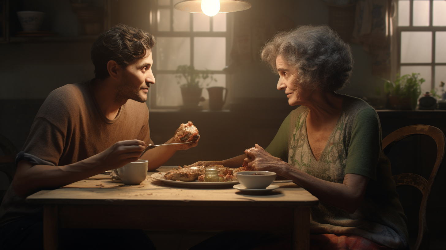 Grandma enjoying breakfast at home (6 words)