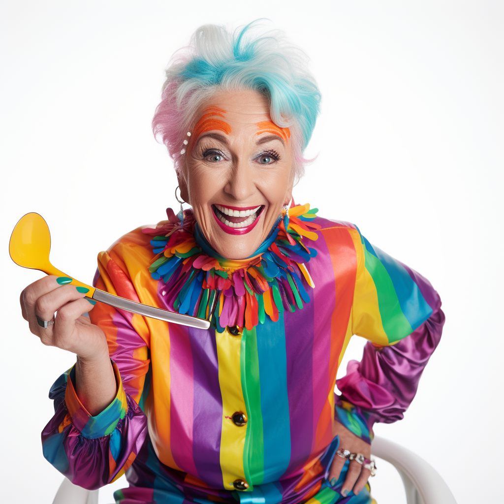 Smiling grandma with fork in colorful suit