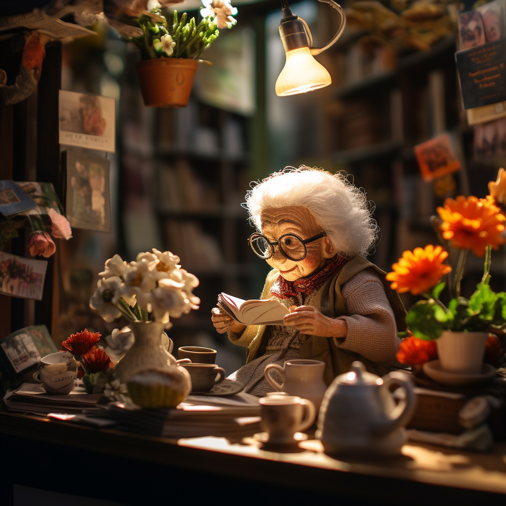 Grandmother laughing in a coffee shop surrounded by flowers