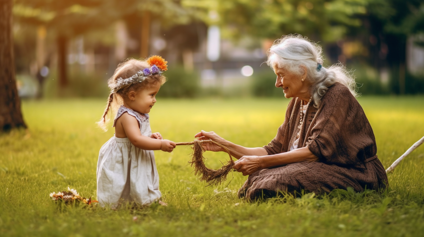 Grandmother with flower headband playing with grandkid