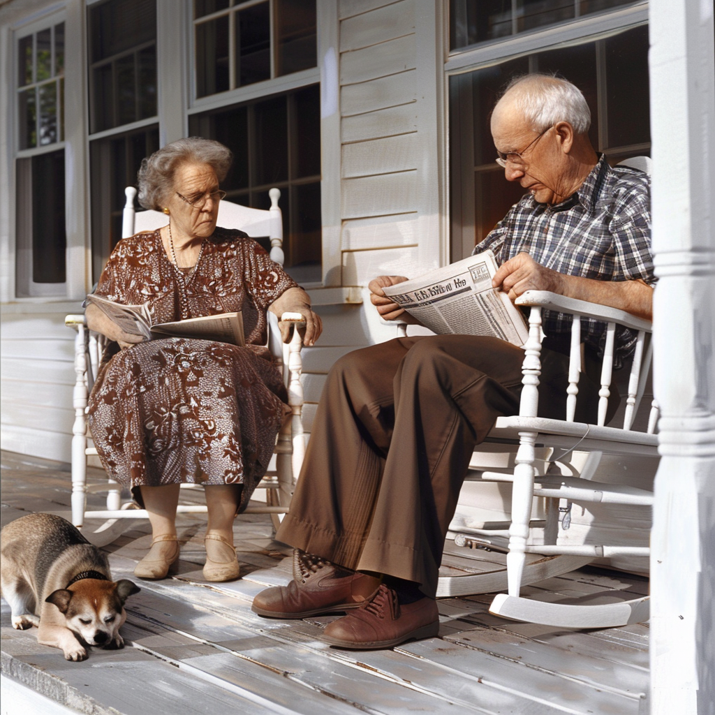 Elderly couple rocking chair sad dog