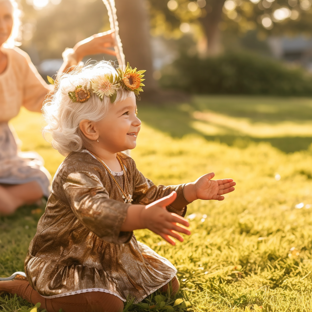 Grandmother with Flower Headband Playing with Grandkid