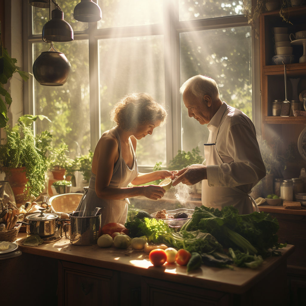 Grandparents cooking in kitchen with natural light